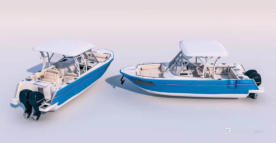 Blue And White Yachts With Canopies And Seating 3d model 