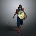 Traditional Warrior Man With Headscarf Holding Decorative Shield And Sword Against Gray Background