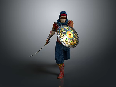 Traditional Warrior Man With Headscarf Holding Decorative Shield And Sword Against Gray Background 3d model