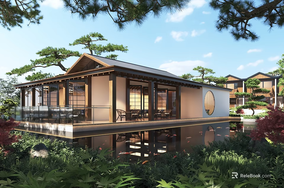 Traditional Style Boutique Guesthouse Building Over Water With Terrace Round Window And Pine Trees 3d model 