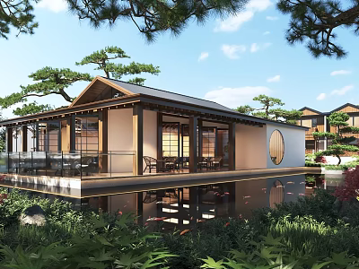 Traditional Style Boutique Guesthouse Building Over Water With Terrace Round Window And Pine Trees 3d model