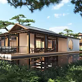 Traditional Style Boutique Guesthouse Building Over Water With Terrace Round Window And Pine Trees