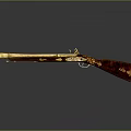 Antique Rifle With Carved Wooden Stock And Golden Barrel Details