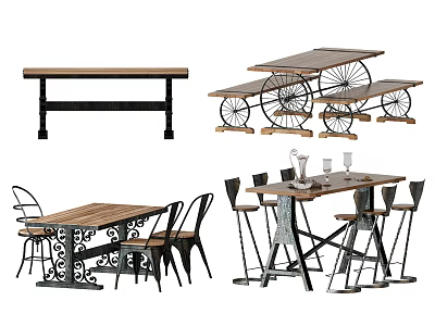 Industrial Rustic Dining Table Set With Wooden Top Metal Frame Chairs Bench And Wheeled Cart 3d model