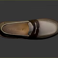 Beige Suede Loafer Shoes Featuring Brown Strap Detail And Red Trim Sole