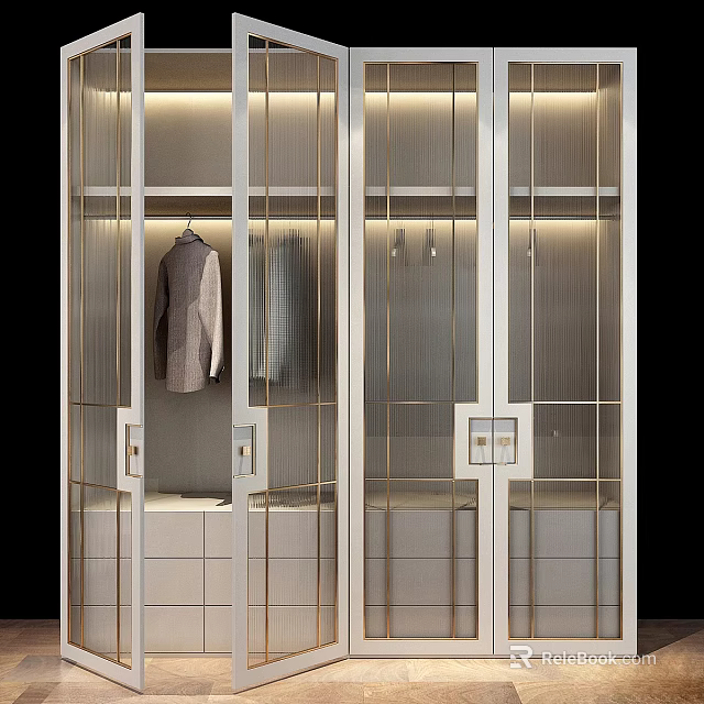 Modern Wardrobe Design With Glass Doors Metal Frame Drawers And Hanging Clothes 3d model 