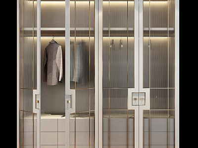 Modern Wardrobe Design With Glass Doors Metal Frame Drawers And Hanging Clothes 3d model