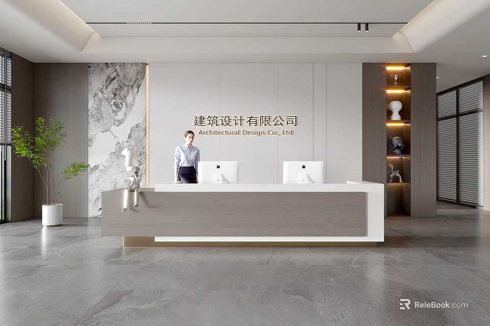 Elegant Modern Reception Desk for Architectural Design Company with Staff Potted Plant and Decorative Shelves 3d model 
