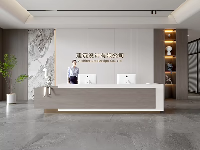 Elegant Modern Reception Desk for Architectural Design Company with Staff Potted Plant and Decorative Shelves 3d model