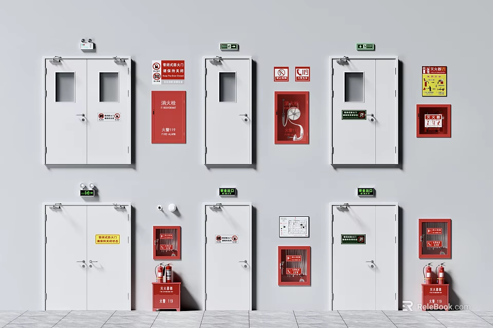 Wall Mounted Fire Equipment With White Cabinets Red Extinguisher Boxes And Safety Signs 3d model 