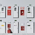 Wall Mounted Fire Equipment With White Cabinets Red Extinguisher Boxes And Safety Signs