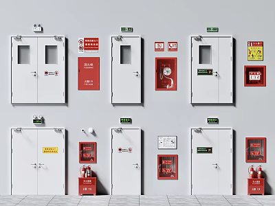Wall Mounted Fire Equipment With White Cabinets Red Extinguisher Boxes And Safety Signs 3d model