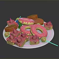Assorted Sweet Desserts with Pink Donuts Mini Cakes Chocolate Bars and Cherries on White Plate