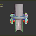 Metallic Mechanical Component Featuring Cylindrical Body Bolted Red Blue Sections And Green Lines
