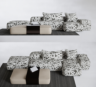 Modern Multiplayer Sofa Pillow Coffee Table Carpet 3d model