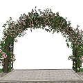 Garden Archway Adorned with Pink Flowers and Green Leaves Under Blue Sky