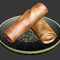 Crispy Fried Spring Rolls Placed on Blue Plate with Gold Rim and Patterns