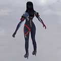 Woman With Long Black Hair In Fitted Futuristic Outfit Against Clouds And Blue Sky