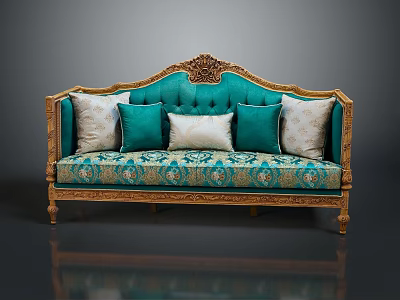Classic Turquoise Sofa With Ornate Golden Carvings And Patterned Fabric Pillows 3d model