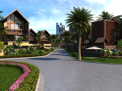 Modern Residential Landscape Design With Palm Trees Lush Greenery and Curved Driveway 3d model