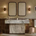 Bathroom Interior Design With Double Mirrors Wall Sconces Marble Vanity Ribbed Base And Colored Tiles 3d model