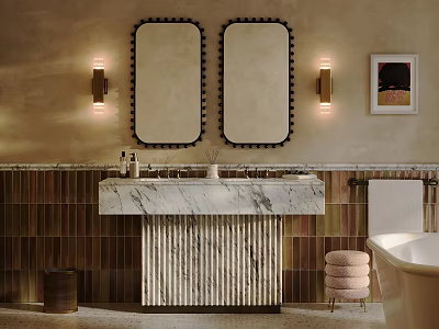 Bathroom Interior Design With Double Mirrors Wall Sconces Marble Vanity Ribbed Base And Colored Tiles 3d model