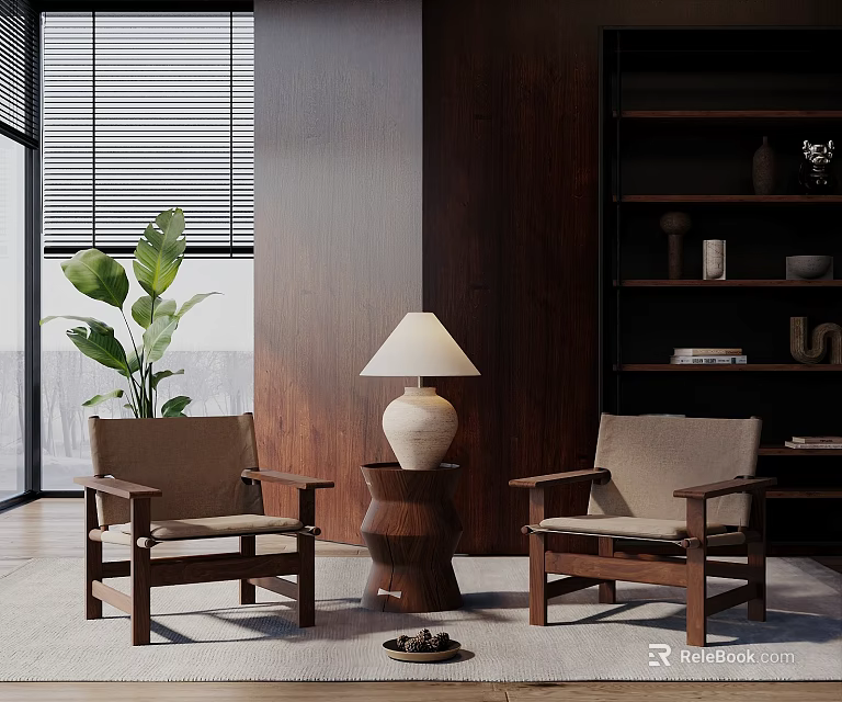 Modern Wooden Armchairs And Side Table Set With Green Plant And Bookshelf 3d model