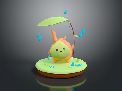Cute Game Movie Character Featuring Green Leaf Umbrella Orange Body Water Drops And Round Base 3d model
