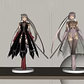 Two Collectible Anime Figures With Black Pink Costumes Long Hair And Display Stands