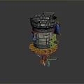 Medieval Stone Castle Tower Structure With Yellow Platform Blue Flag And Wooden Supports