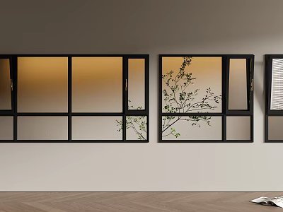 Black Frame Casement Windows On Wall With Warm Interior Light And Green Tree Branch View 3d model