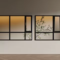 Black Frame Casement Windows On Wall With Warm Interior Light And Green Tree Branch View
