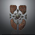Ornate Wooden And Metal Shield With Symmetric Carvings And Central Decorative Design