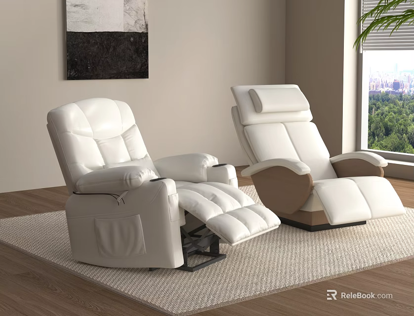 White Recliner Sofa in Living Room With Wooden Floor Wall Art and Green View 3d model 