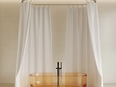 Bathroom Scene With Light Colored Tiled Wall White Shower Curtains Transparent Bathtub And Black Faucet 3d model