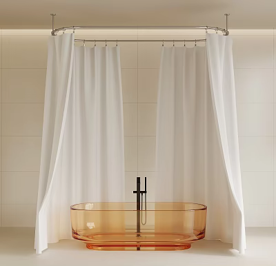 Bathroom Scene With Light Colored Tiled Wall White Shower Curtains Transparent Bathtub And Black Faucet 3d model