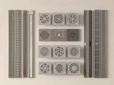 Stylish Bathroom Accessories With Various Patterned Drain Covers And Metal Grates 3d model
