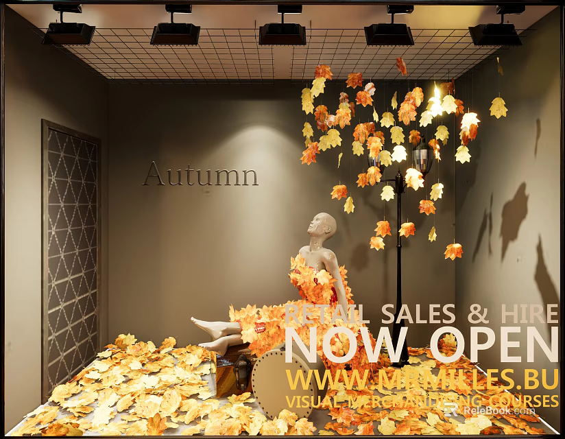 Autumn Themed Shop Window Display With Fall Leaves Mannequin And Now Open Sale 3d model 