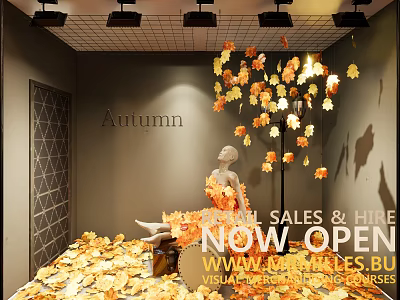 Autumn Themed Shop Window Display With Fall Leaves Mannequin And Now Open Sale 3d model