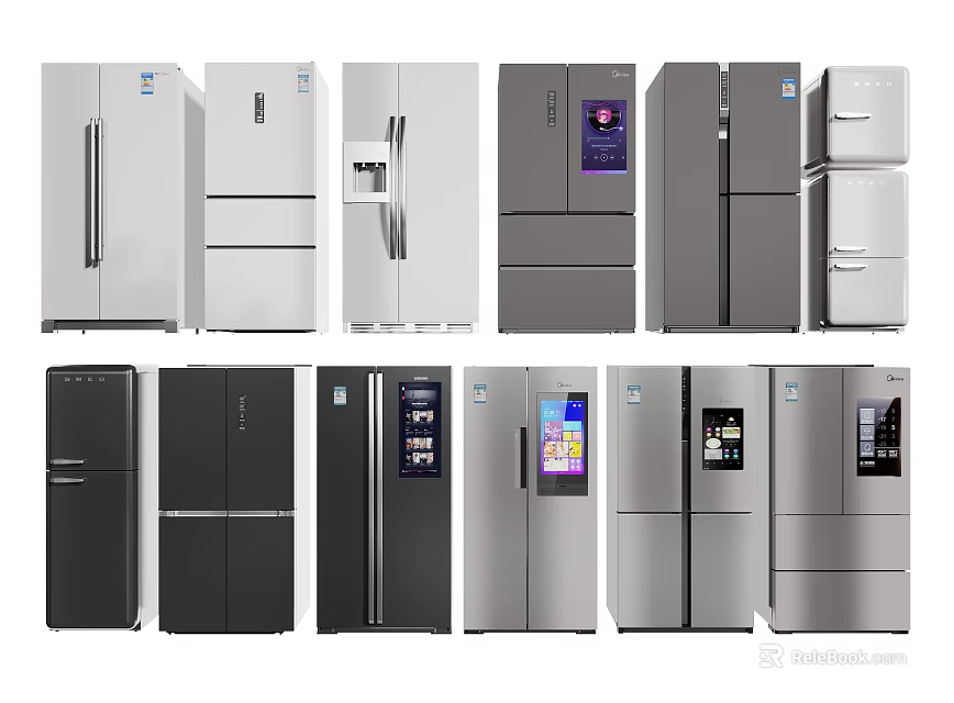 Different Designs of Refrigerators and Freezers with Multi Door and Digital Display in Silver Black 3d model 