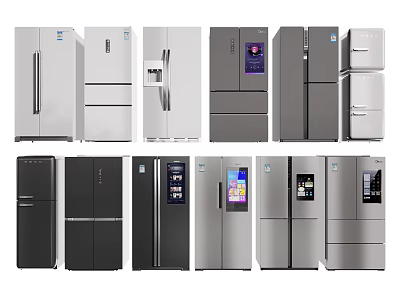Different Designs of Refrigerators and Freezers with Multi Door and Digital Display in Silver Black 3d model