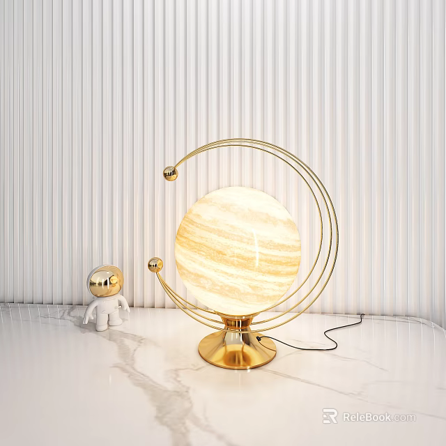 Gold Celestial Table Lamp With Planet Sphere Shade Metal Ring Frame And Astronaut Figurine 3d model 