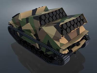 Camouflaged Military Tank With Tracked System And Multiple Rocket Launcher Tubes 3d model