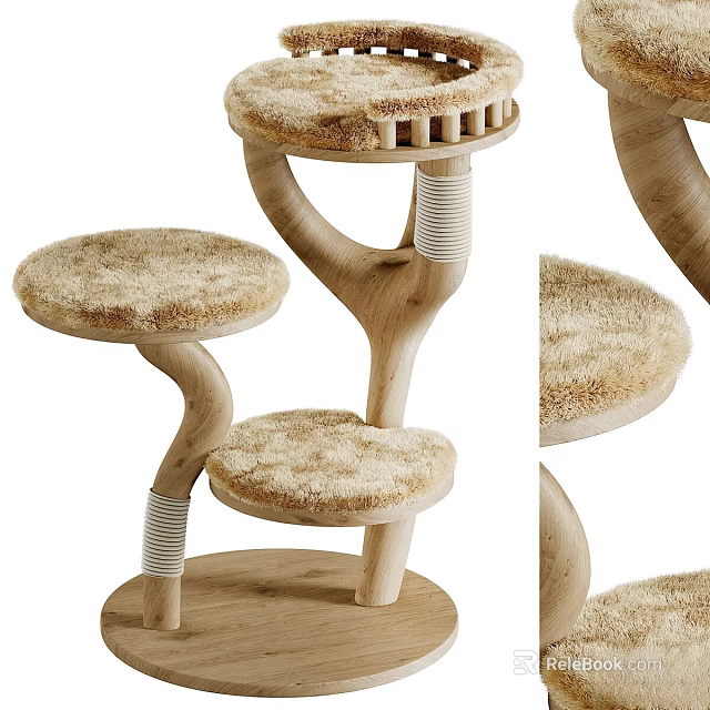 Modern Wooden Cat Tree With Plush Platforms 3d model 
