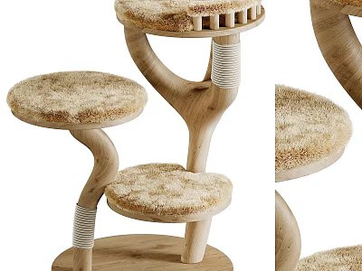 Modern Wooden Cat Tree With Plush Platforms 3d model
