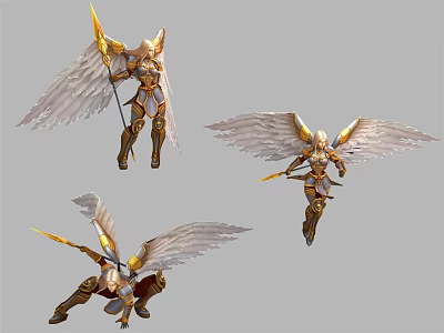 Fantasy Angel Warrior Characters With White Wings Golden Armor And Spear In Various Dynamic Poses 3d model