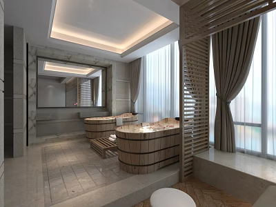 Luxurious SPA Sauna Interior With Wooden Bathtubs Large Mirror And Stone Walls 3d model