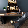 Modern Wooden Office Desk With Dual Monitors Keyboard Black Leather Chair And Potted Plant