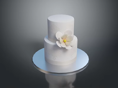 Two Tiered White Cake With White Flower Decoration On Silver Round Tray 3d model