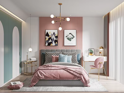 Kids Room Interior Design With Pink Bedding Desk Chair And Decorative Paintings 3d model